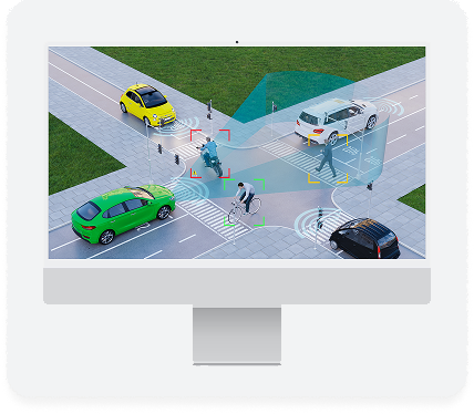 AI-powered driver assistance system detecting vehicles and pedestrians at an intersection